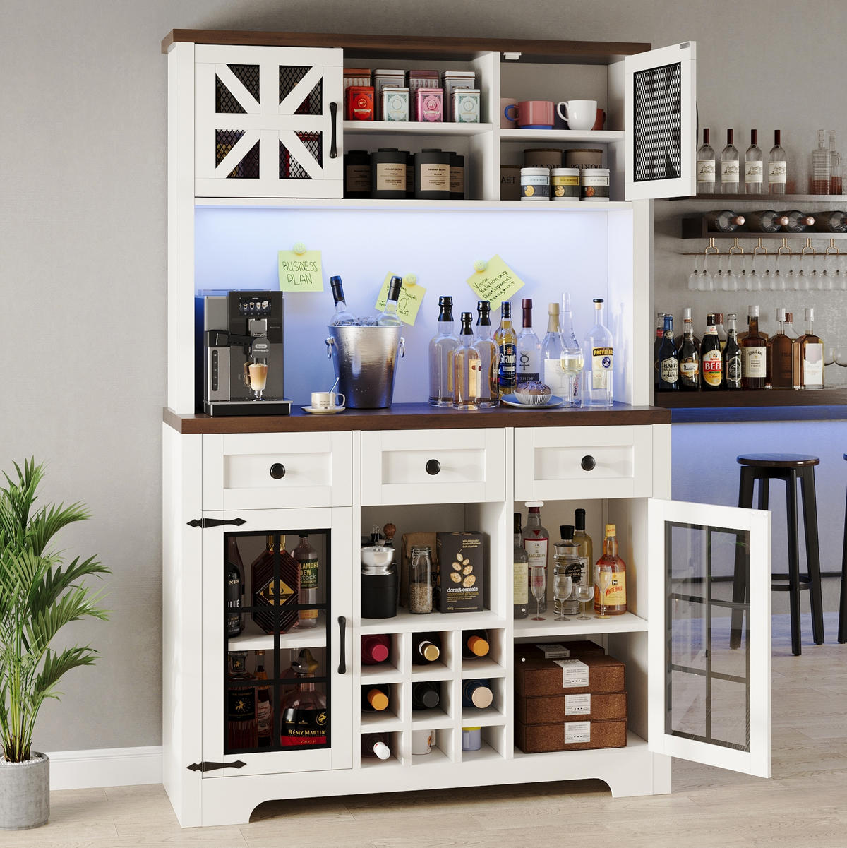 BUFFETSCHRANK 120/40/180 cm mit LED-Beleuchtung, Weinregal und verstellbaren Einlegeböden, Weiß - Weiß, Holzwerkstoff (120/180/40cm) - Redom