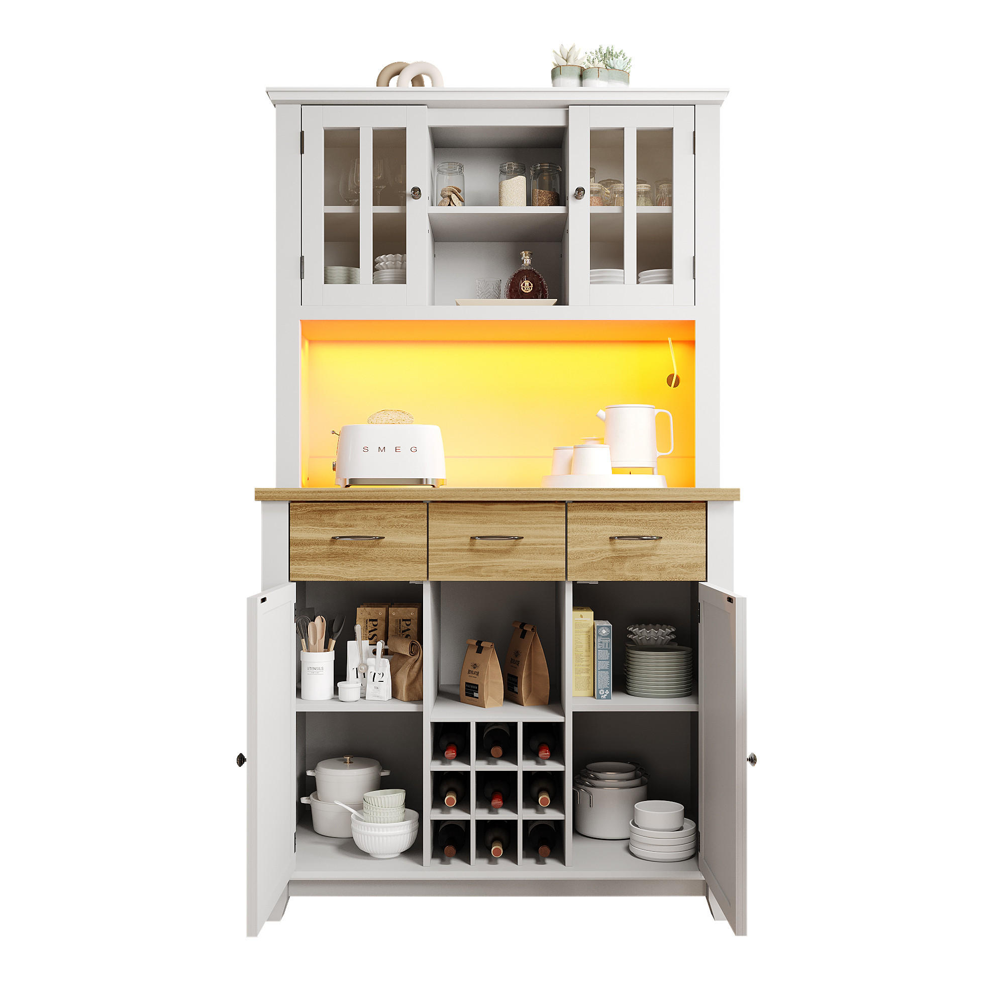KÜCHENBUFFET 106/40/179,5 cm weiß aus MDF mit LED-Beleuchtung - Weiß, Holzwerkstoff (106/179.5/40cm) - OKWISH