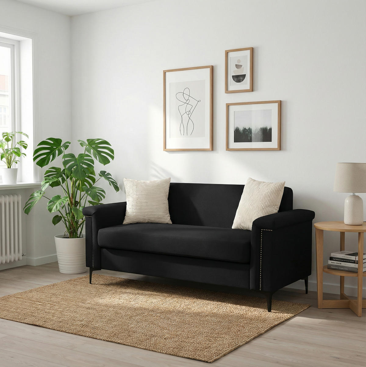SOFA 2-Sitzer 172 x 72 x 82 cm Leinenstoff Schwarz - Schwarz, Holz (73.5/81.5/172cm) - Meubliv