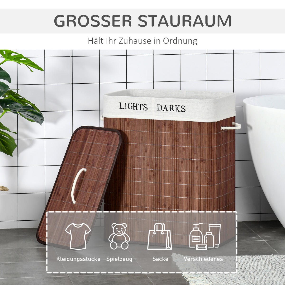 WÄSCHEKORB, Bambus, Polyester Braun+Weiß - Braun, Naturmaterialen (32/63/52cm) - HOMCOM