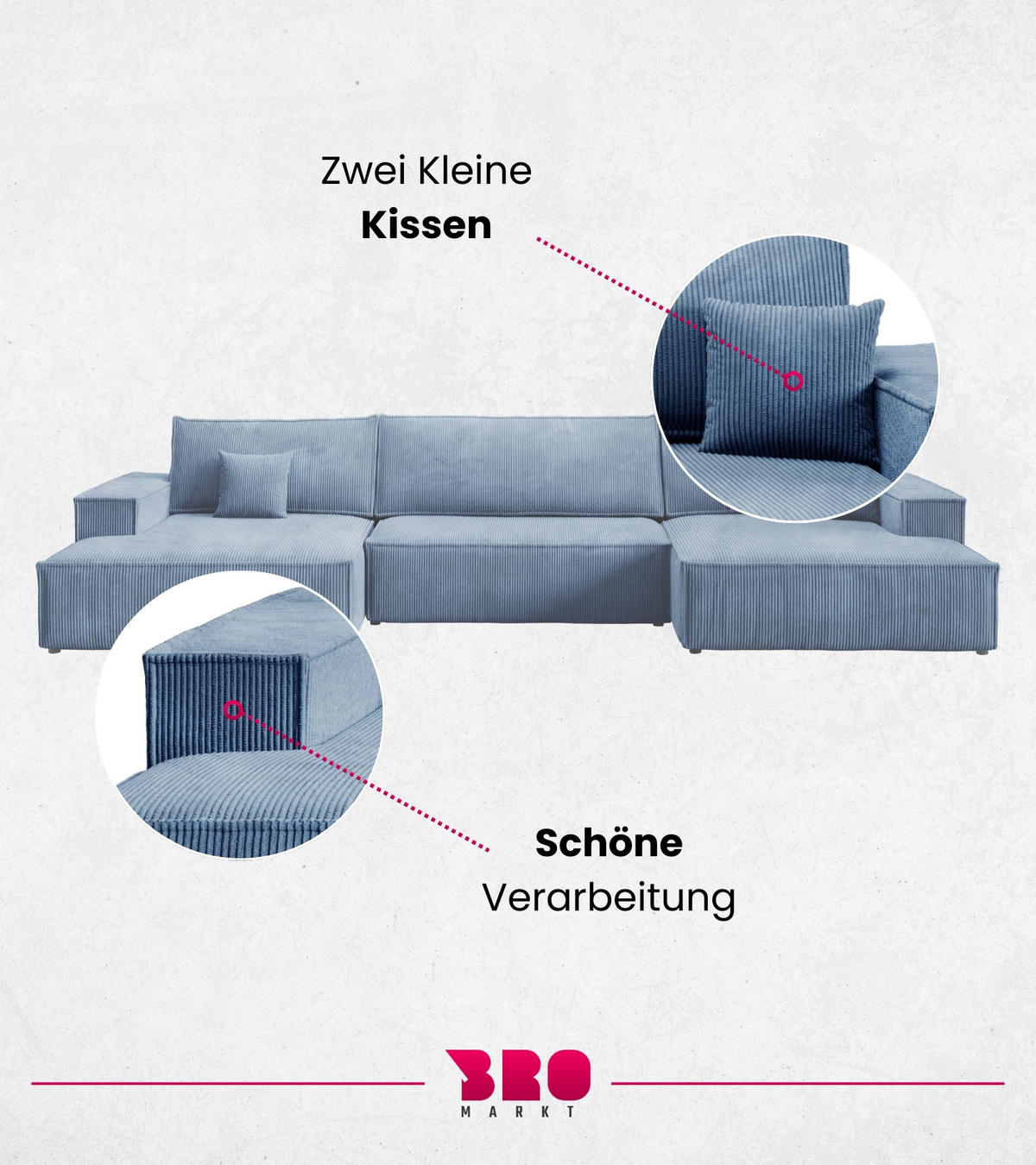 WOHNLANDCHAFT Pablo U mit Schlaffunktion Himmelblau Cord - Blau, Textil (398/85/148cm) - Bromarkt