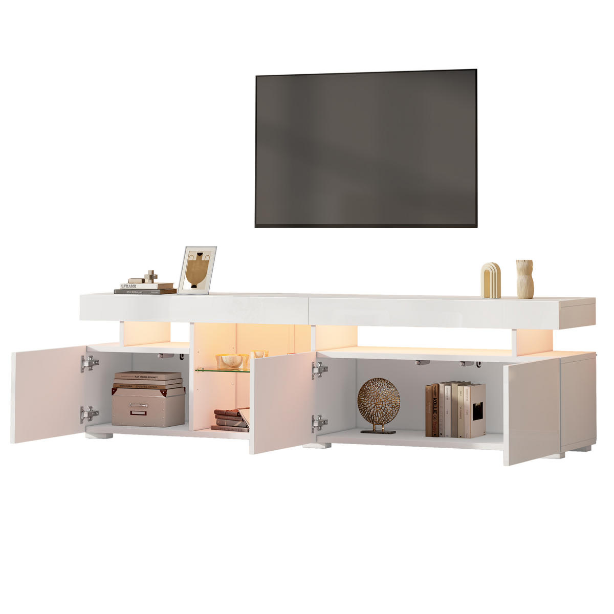 TV-LOWBOARD 180x35x45 cm Weiß Hochglanz 3 Türen Glas Einlegeböden - Weiß, Holzwerkstoff (35/45/180cm) - FLIEKS