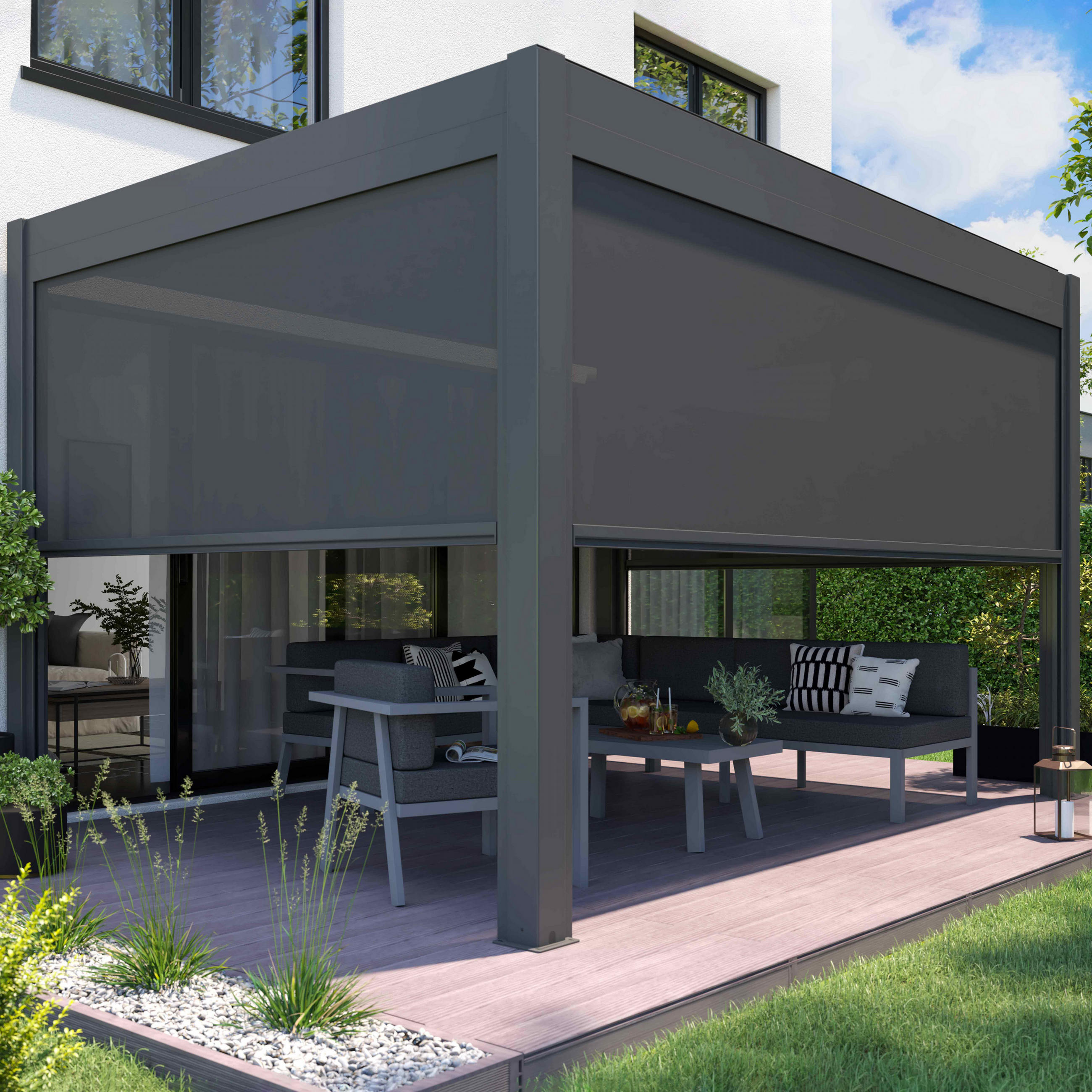 PERGOLA 3x4m, beleuchtet, motorisiert mit 1 Markise, Grau - Grau, Metall (290.4/250/397.5cm) - Oviala