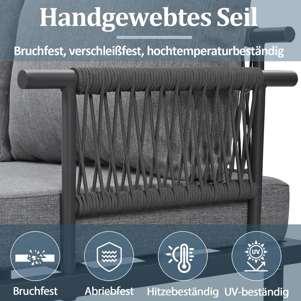 LOUNGESET 6er Seil Grau Mit Verstellbaren Füßen & Glastisch - Grau, Kunststoff - FLIEKS