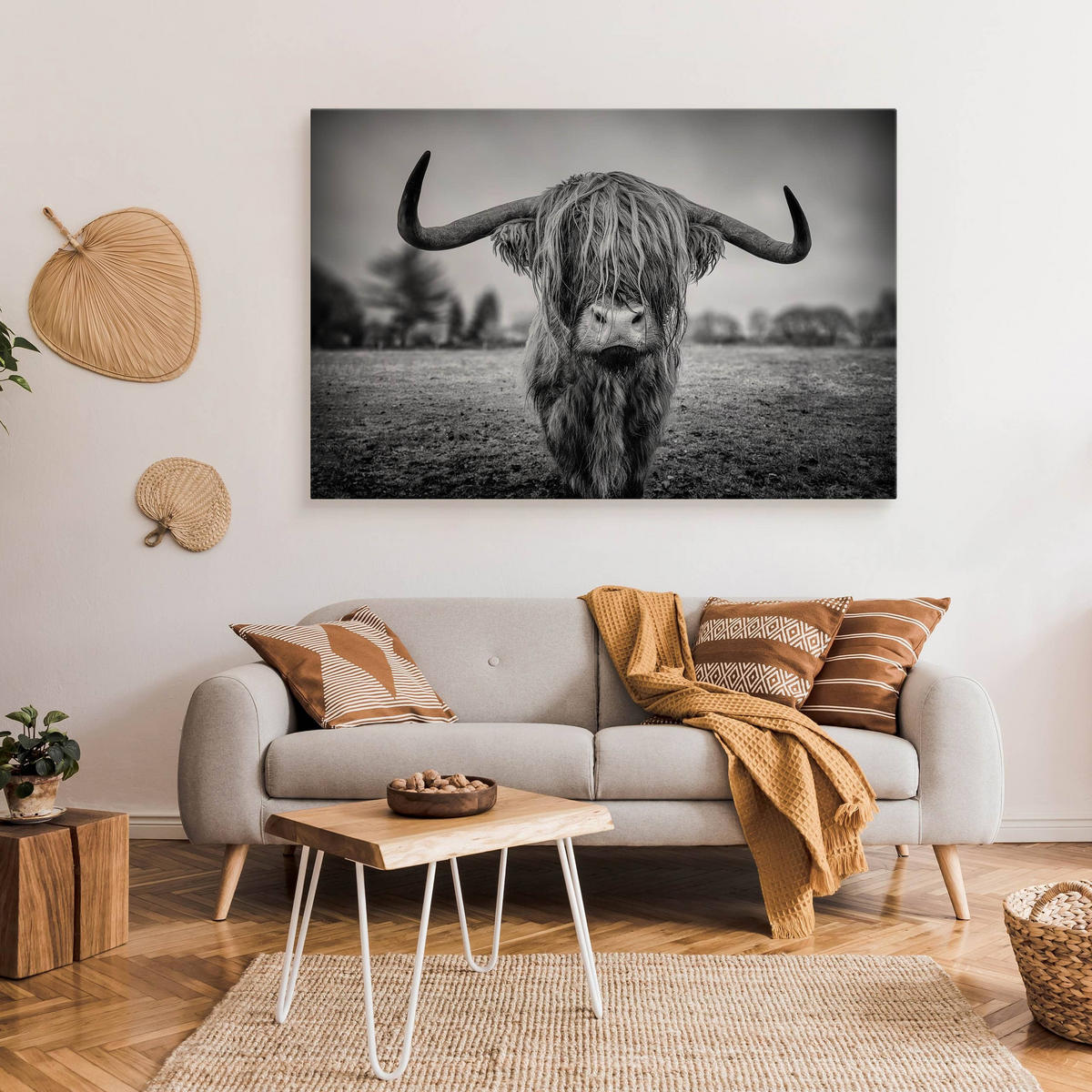 LEINWANDBILD Wilde Schottische Kuh Tier Natur 3D 40/30 cm - Schwarz/Weiß, Textil (40/30cm) - Muralo