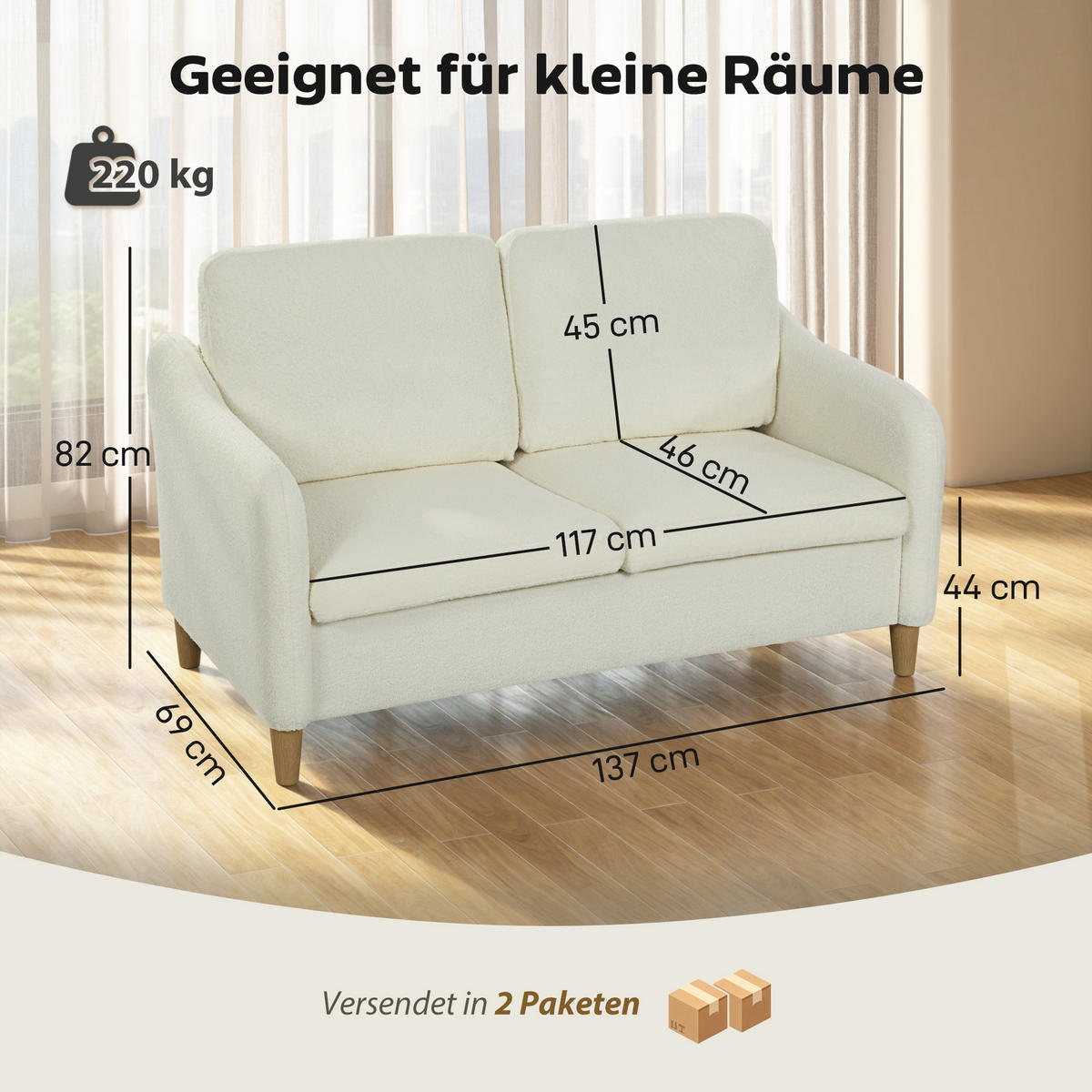 SOFA 2 Sitzer kleine 137 cm Couch mit Sherpa-Fleece-Optik Cremeweiß - Eukalyptusholzfarben/Creme, Holz/Textil (69/82/137cm) - HOMCOM