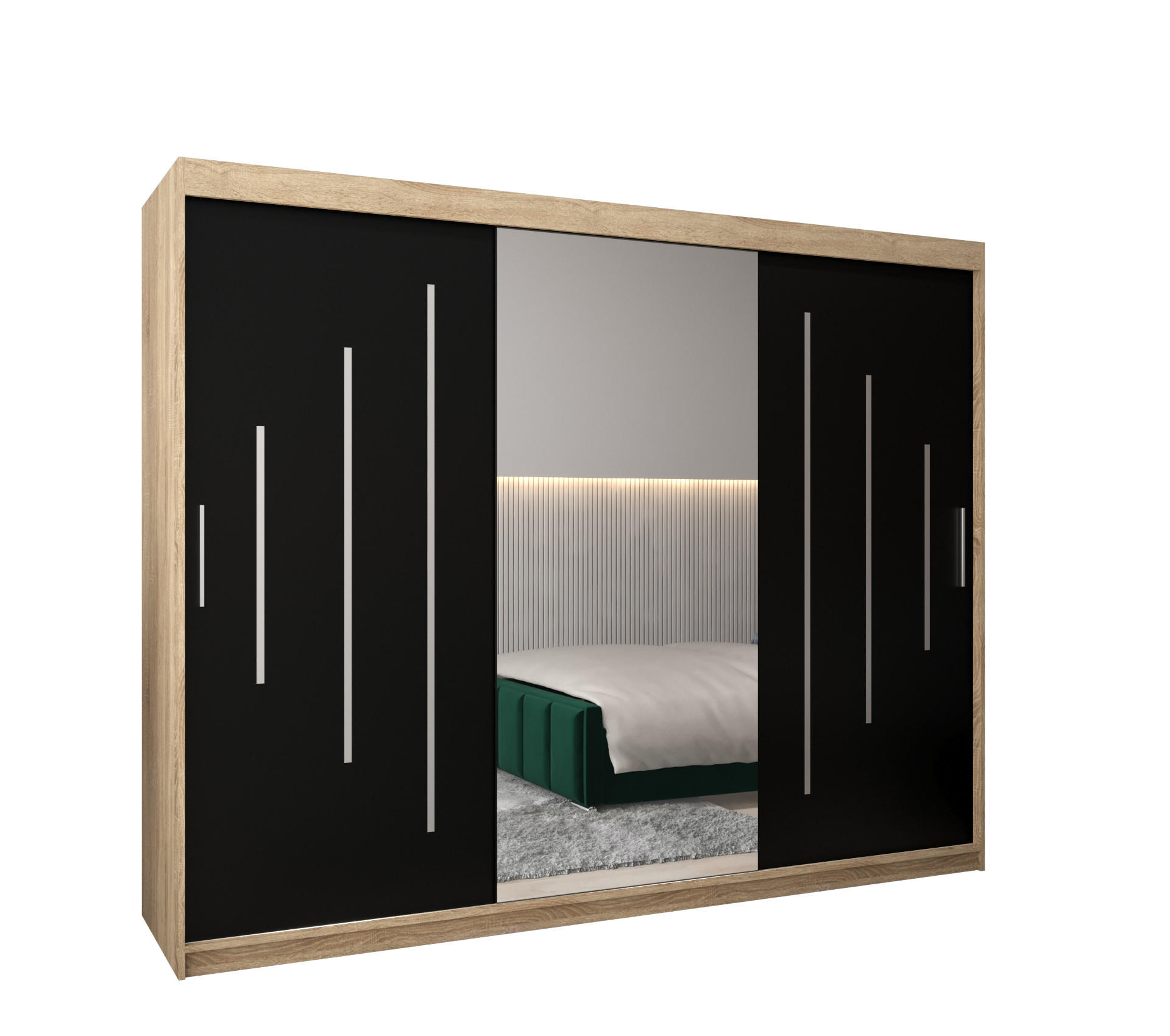 Abiks Möbel Schwebetürenschrank Sonoma Eiche, Schwarz 250x200x62 cm