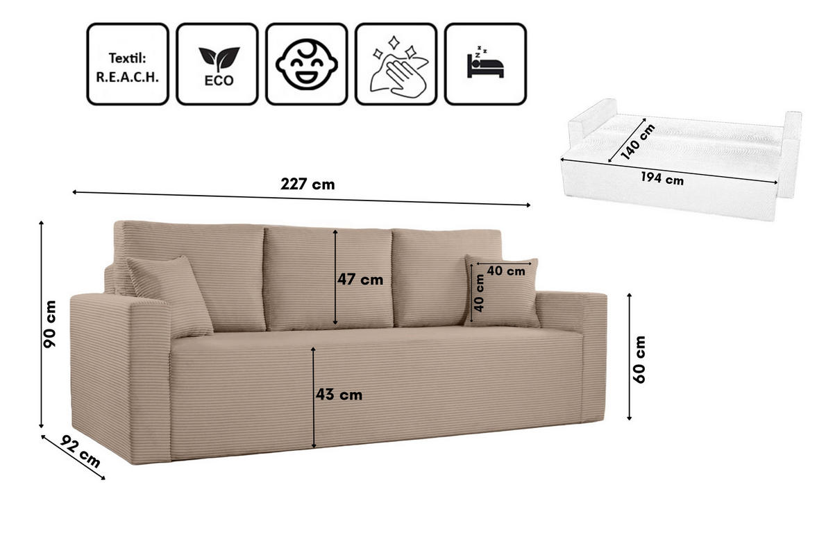 SCHLAFSOFA ZOOM Mit Bettkasten Stoff Zoom Beige - Beige, Holz/Textil (227/90/92cm) - Kaiser Möbel