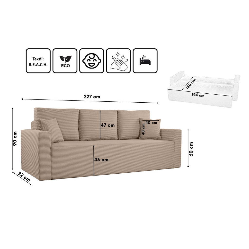 Thumbnail - Kaiser Möbel Schlafsofa, Beige, Textil, Füllung: Komfortschaum,Komfortschaum, einzeln stellbar,Rechteckig, 227x90x92 cm,...