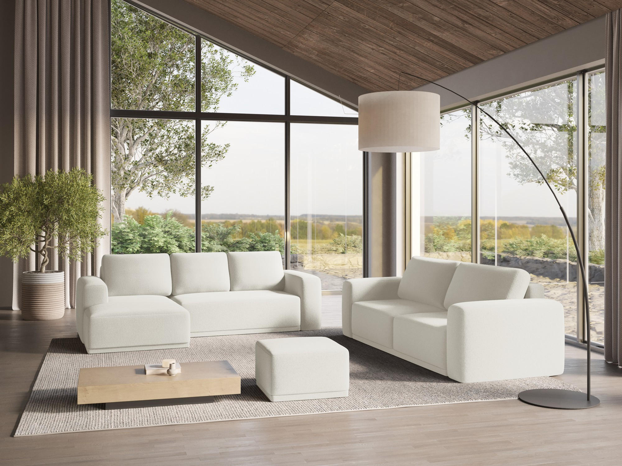 Thumbnail - Makamii Ecksofa, Weiß, Textil, 3-Sitzer, Füllung: Schaumstoff, L-Form, Ottomane links, 258x160 cm, Made in EU, Wohnzimme...