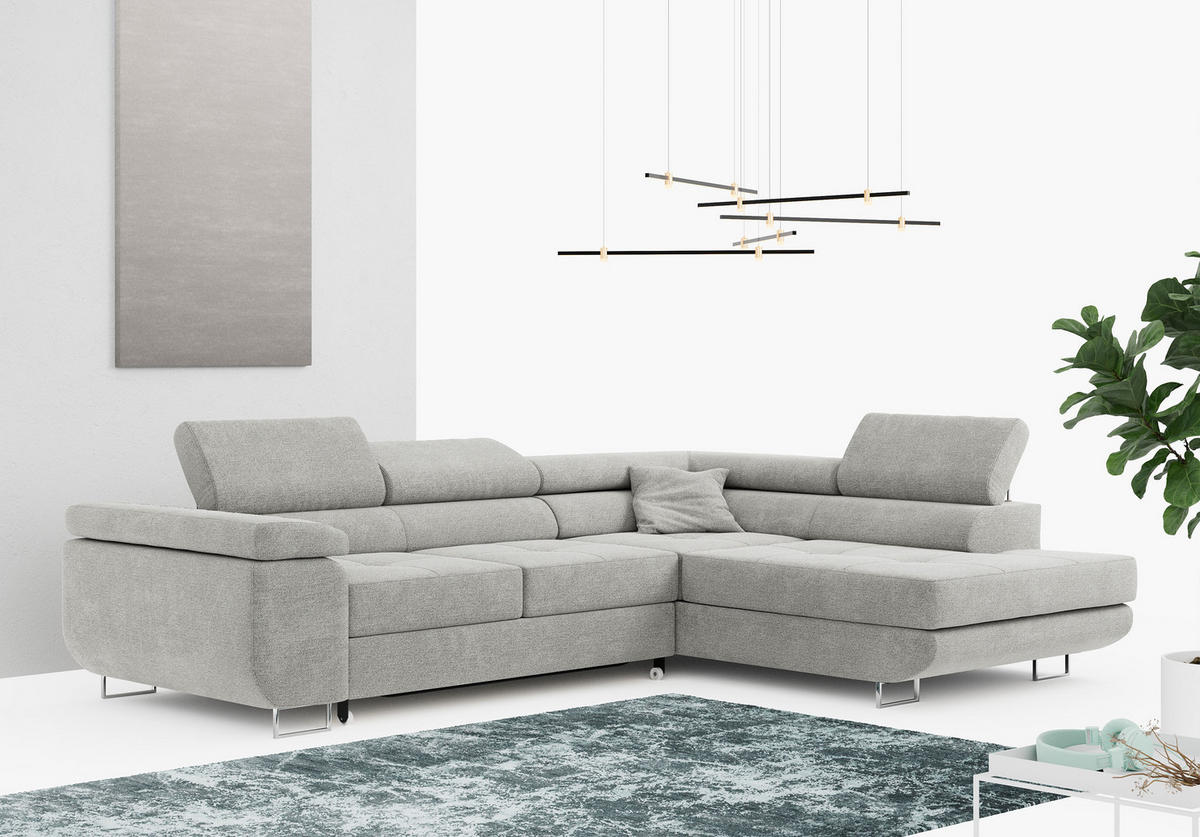 ROHOVÁ SEDAČKA GUSTAW L - Světle šedá Strukturovaná látka - Pravá Strana - stříbrná/světle šedá, kov/textil (205/275cm) - MKS