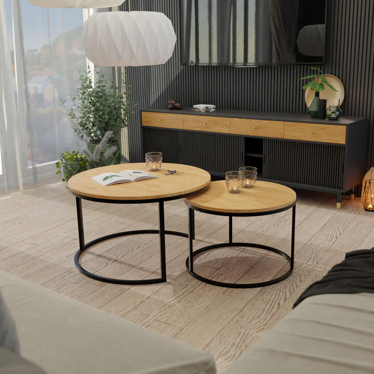 COUCHTISCH rund Klein, Eiche Wotan, Rahmen Schwarz - Eiche Wotan/Schwarz, Holzwerkstoff (70/70/48cm) - Idohome