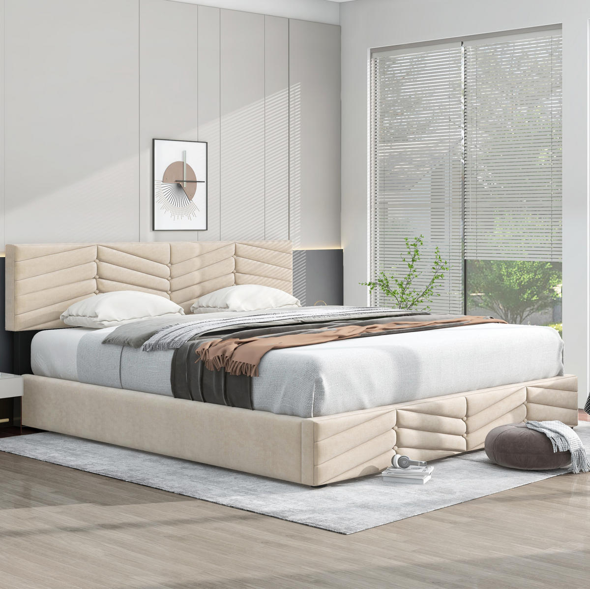 POLSTERBETT aus Samt 160x200 cm Beige mit Bettkasten und höhenverstellbarem Kopfteil - Beige, Textil (160/200cm) - IVMEU