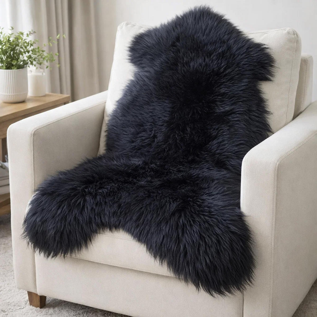 SCHAFFELL Natur Lammfell Weich Flauschig Wohnteppich, Schwarz, ca. 130 cm - Schwarz, Fell (70/130cm) - Provellus