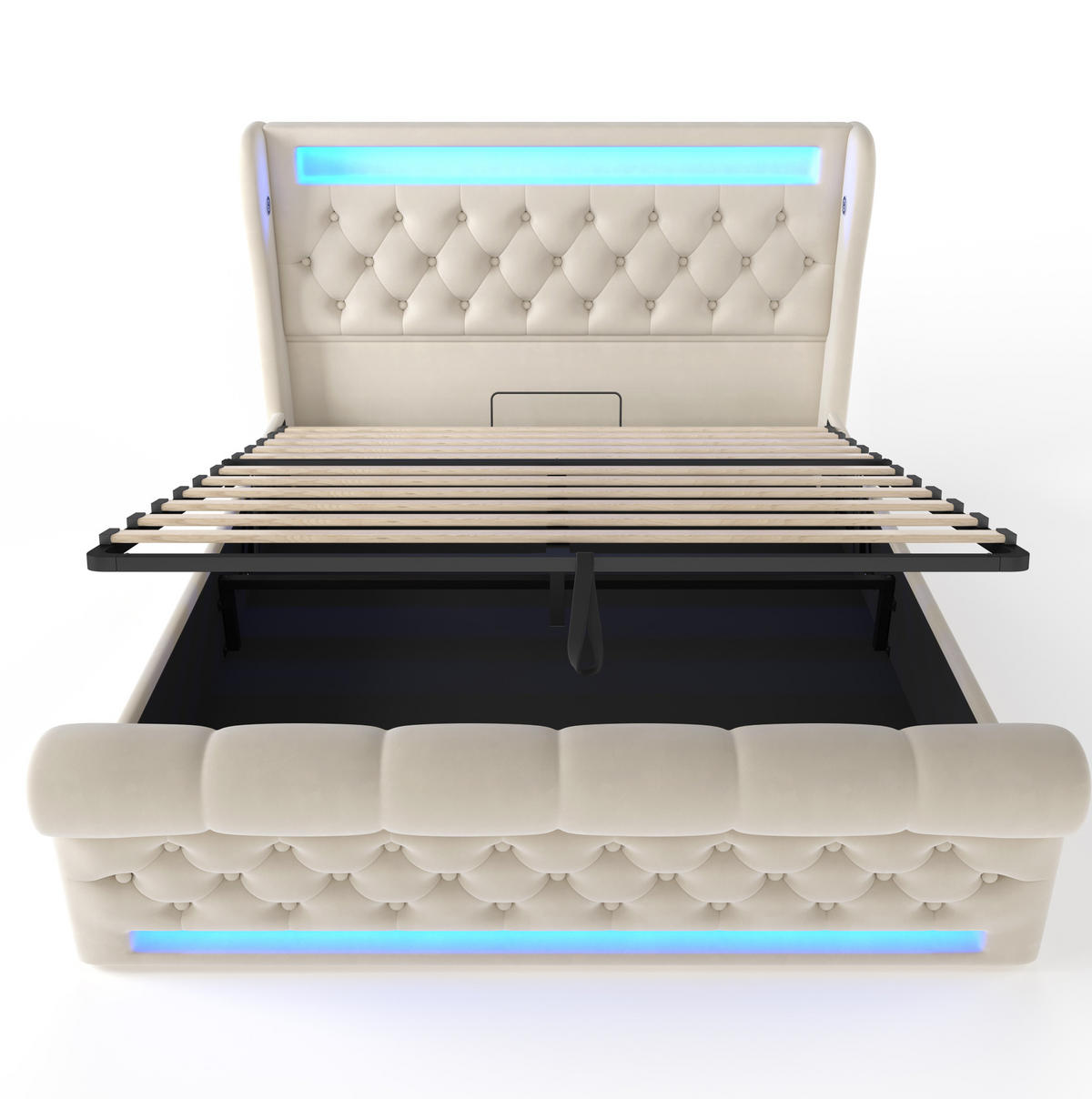 SAMT-POLSTERBETT 140/190 cm Beige mit Bettkasten, LED und USB-C-Ladefunktion - Beige, Textil (140/190cm) - BEAOK