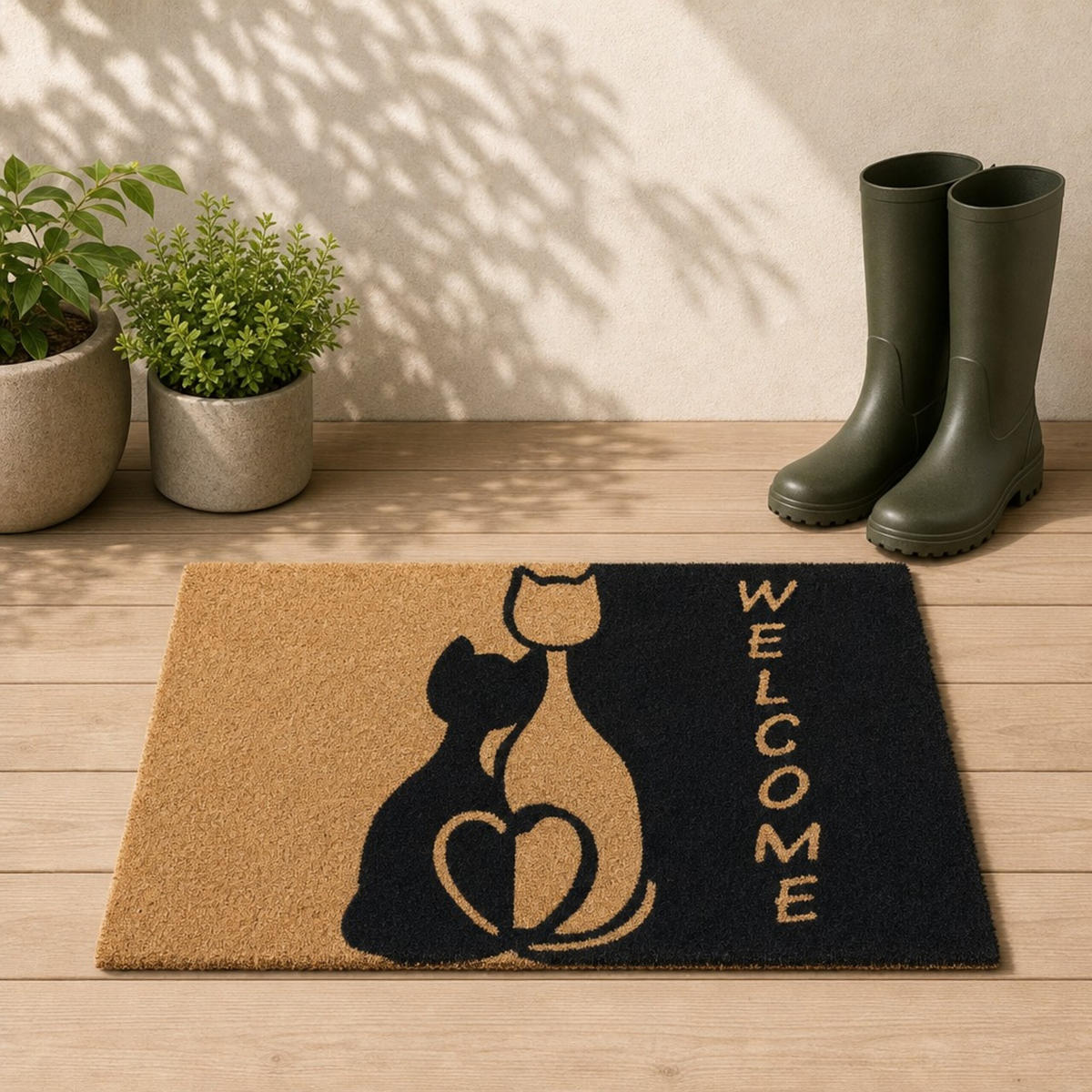 FUSSMATTE Natur Schwarz Kokos Katzenmotiv 60x40 cm - Multicolor, Kunststoff/Textil (60/40cm) - Relaxdays