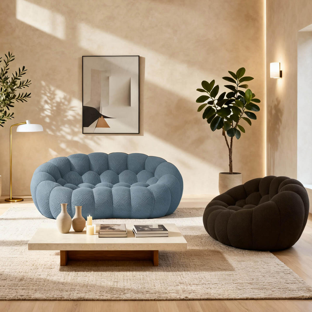 SITZGARNITUR Cocoon Sofa und Sessel Blau und Schokolade - Blau/Braun, Textil (190/75/113cm) - COCO Living