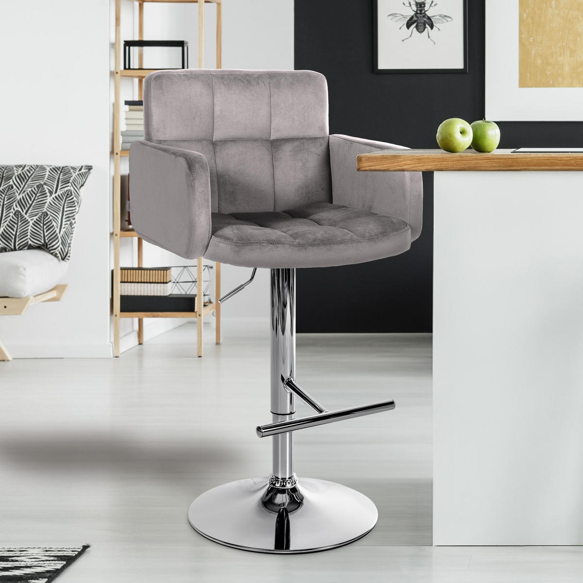 BARHOCKER Samt Grau - Chromfarben/Grau, Textil/Metall (60/93/56cm) - CLP