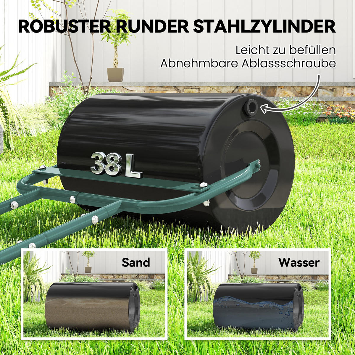 RASENWALZE Gartenwalze befüllbar mit Wasser oder Sand, 50cm Breite Handwalze - Dunkelgrün, Metall (32.5/113/58cm) - Outsunny