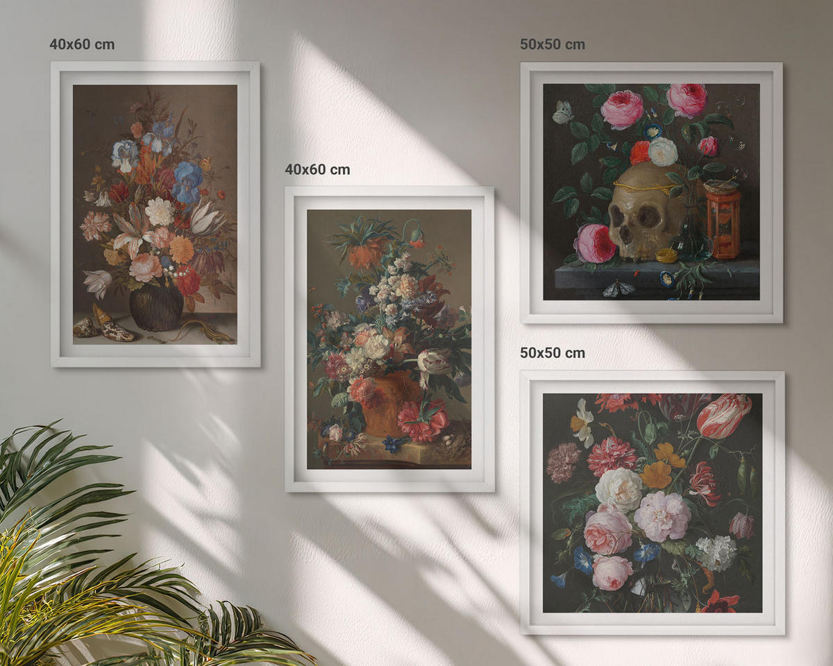 BILDER SET 4er Set - 50x50 cm & 40x60 cm Weißer Rahmen - Blumenarrangements in Vasen - Weiß, Kunststoff (50/50cm) - TULUP