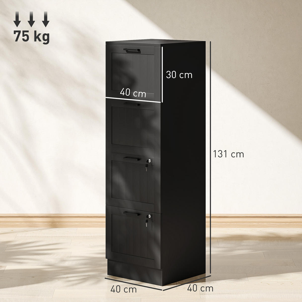 AKTENSCHRANK DE-14515 4 Schubladen abschließbar mit Hängeakten Schwarz - Schwarz, Holzwerkstoff (40/131/40cm) - ComfortXL