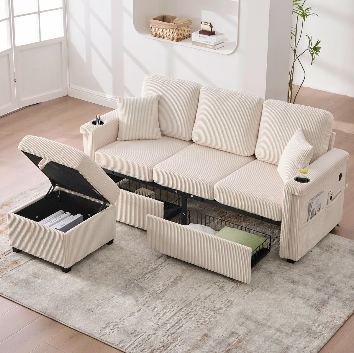 SOFA mit LED und USB/Type-C 194 x 73 x 81 cm Corduroy Beige - Beige, Kunststoff (194/81/73cm) - Meubliv