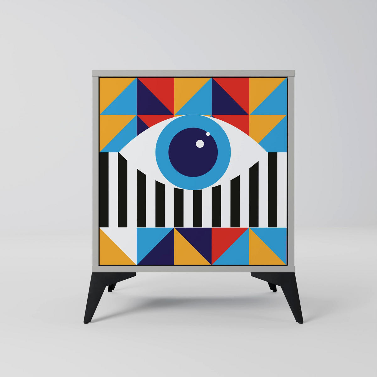 SIDEBOARD ABSTRACTION AND GEOMETRY, Grau, 57,5x42x72,5 cm, Schwarze Metallfüße - Multicolor/Schwarz, Holzwerkstoff/Metall (57.5/72.5/42cm) - SpaceRebels
