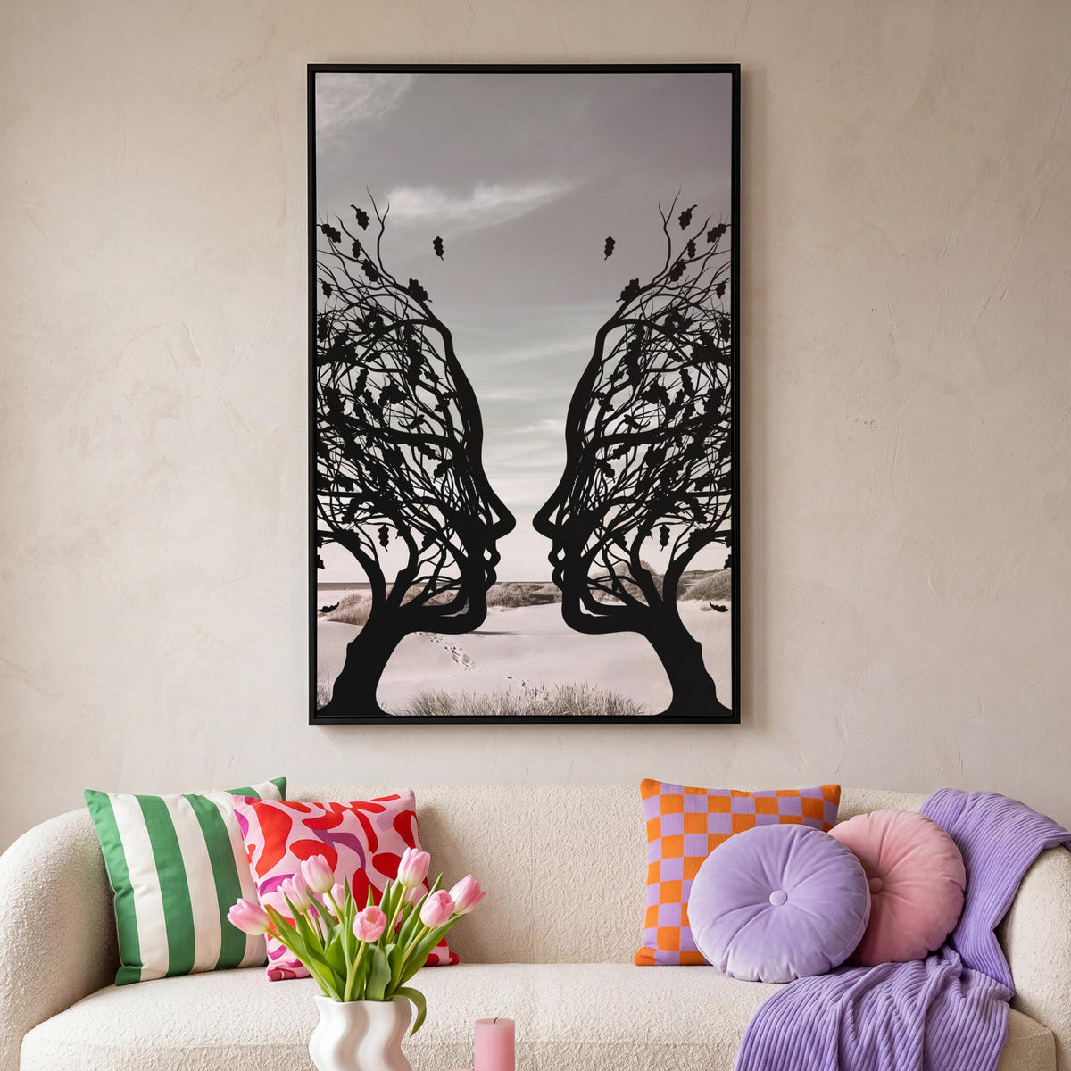 LEINWAND Bilder mit Rahmen - Strand - Meer - Menschen - Baum - Moderne Kunst - 80x120 - Hellgrau, Textil (80/120cm) - MuchoWow