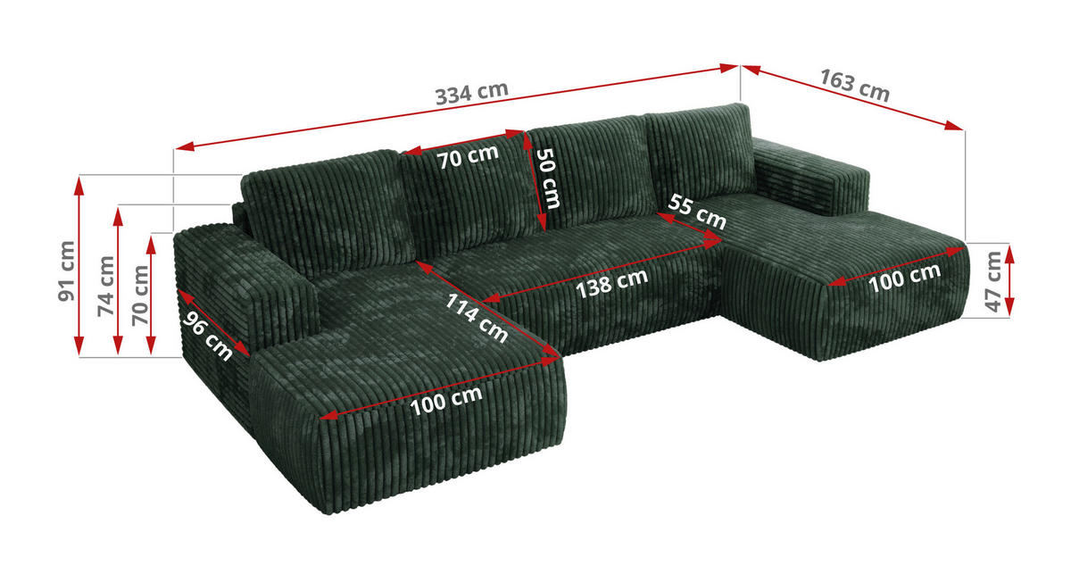 WOHNLANDSCHAFT TRENTINO U Grün Cord - Grün, Textil (334/91/163cm) - MKS