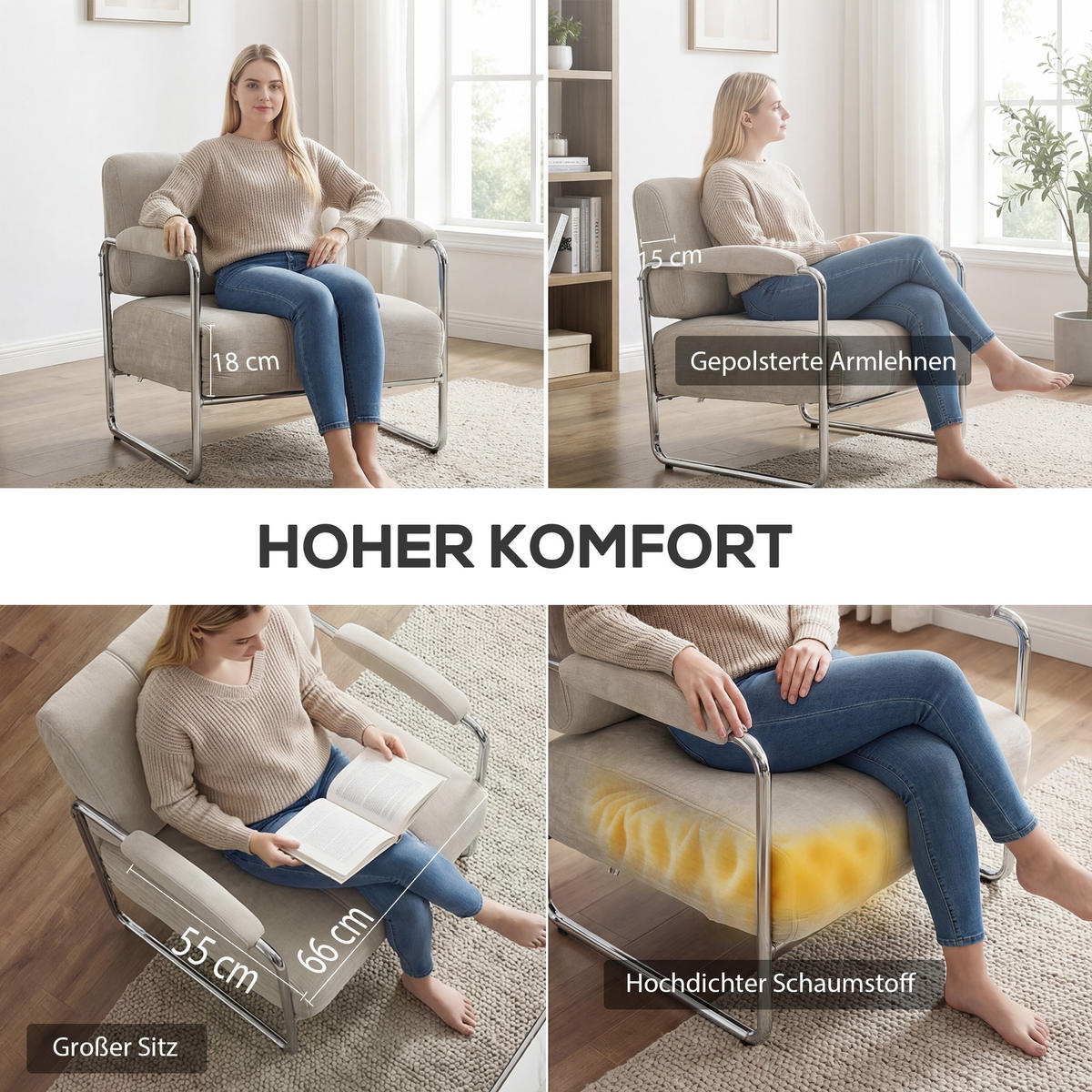 SESSEL Polyester Beige - Beige/Silberfarben, Textil/Metall (75/76/76cm) - HOMCOM