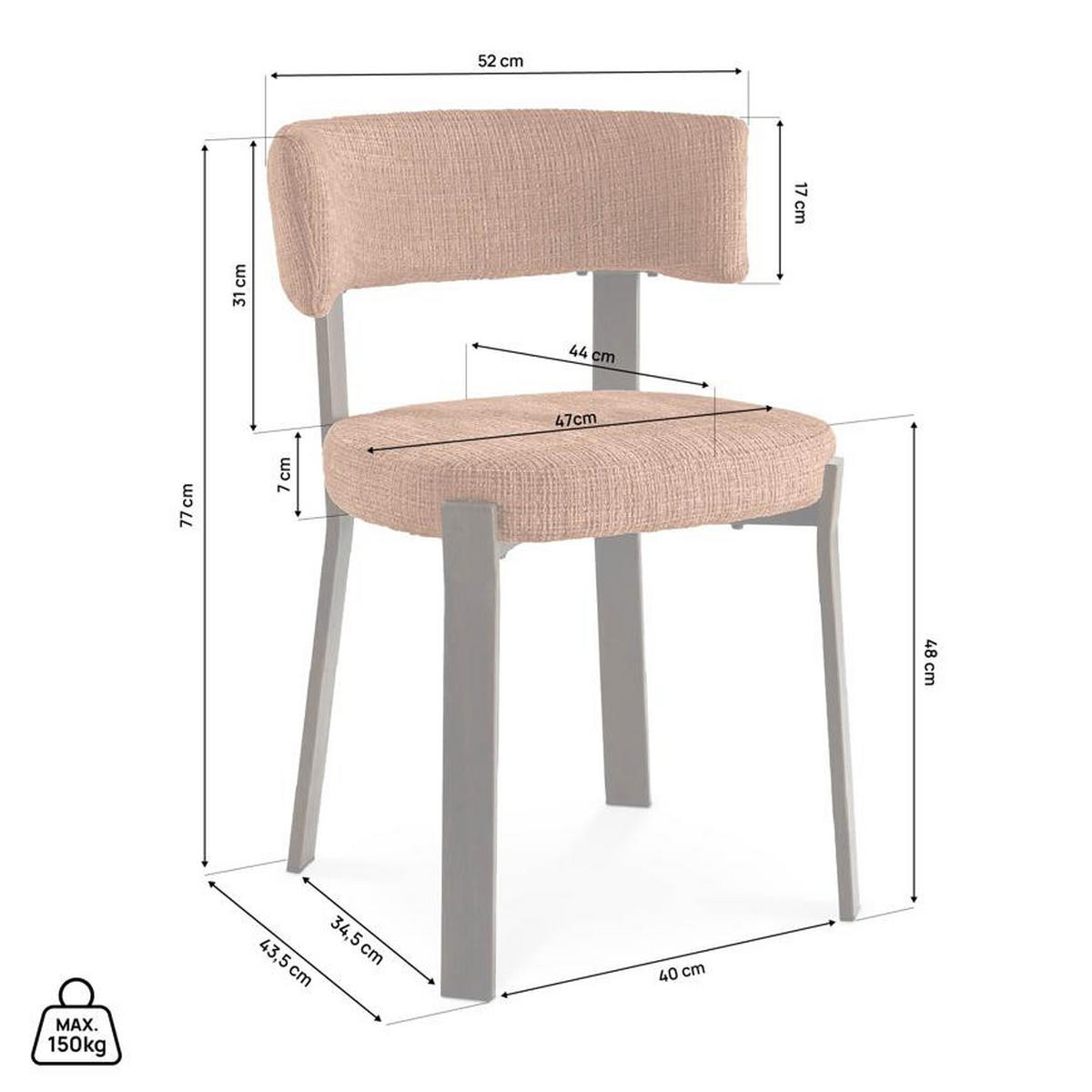 STÜHLE 4er-Set gepolstert im japanischen Stil mit strukturiertem Chenille-Stoff Terrakotta und Beinen aus Metall in Walnussoptik – ZOE - Terracotta/Schwarz, Textil/Metall (52/77/43.5cm) - Sicaan
