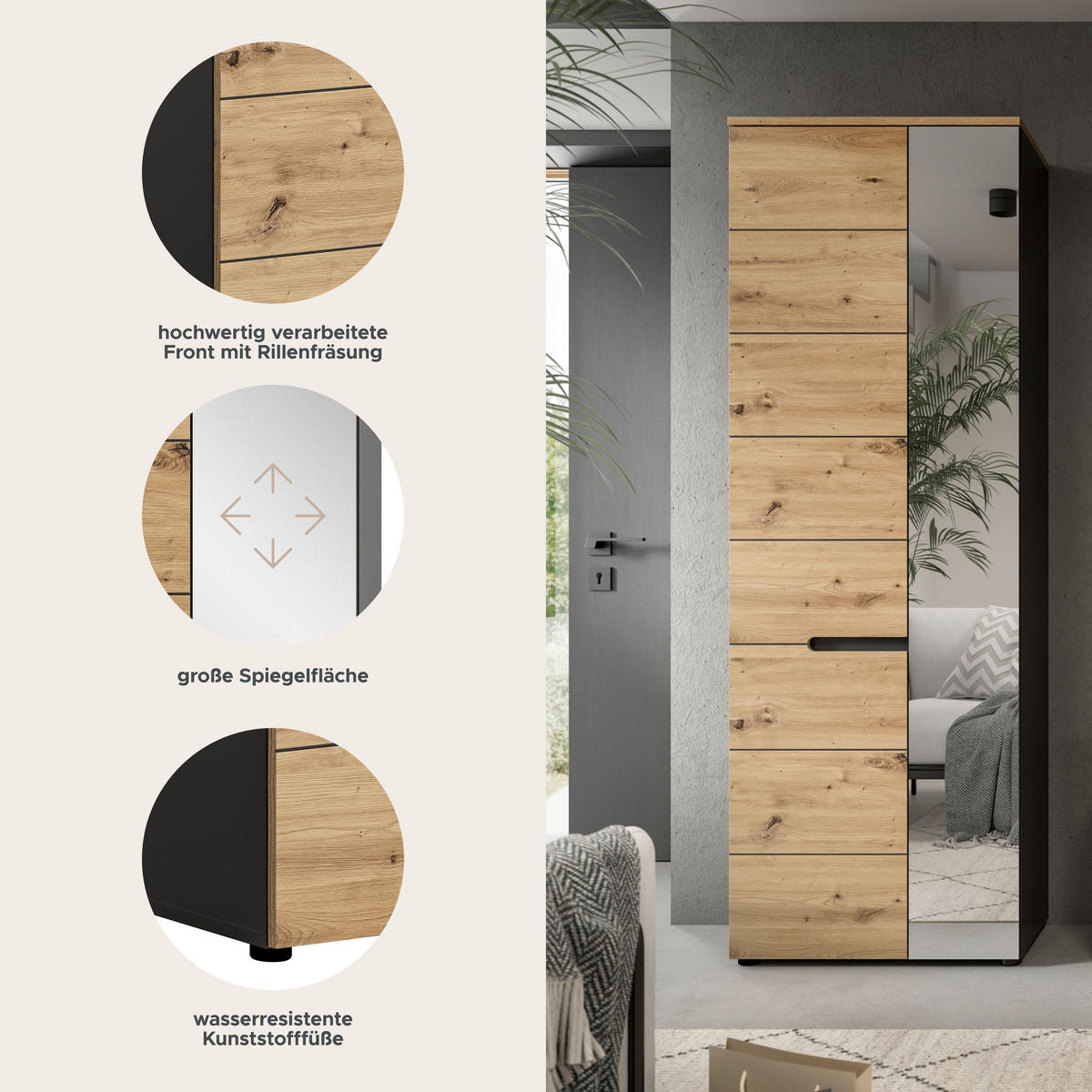 GARDEROBENSCHRANK Canu Garderobe in Basalt grau Nb. und Artisan Nb. B/H/T: 65x190x37 cm - Grau, Holzwerkstoff (65/190/37cm)