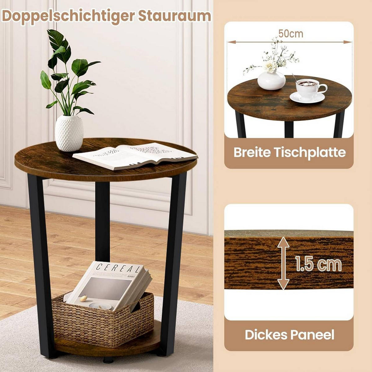 COUCHTISCH rund, mit 2 Ablagen, Rustikales Braun - Nussbaumfarben, Holzwerkstoff/Metall (50/50/53cm) - Woltu