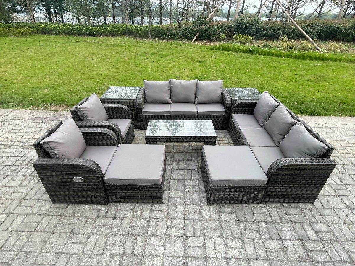 GARTENSOFA SET mit rechteckigem COUCHTISCH Polyrattan 10-Sitzer Dunkelgrau - Dunkelgrau/Grau, Glas/Kunststoff - Fimous