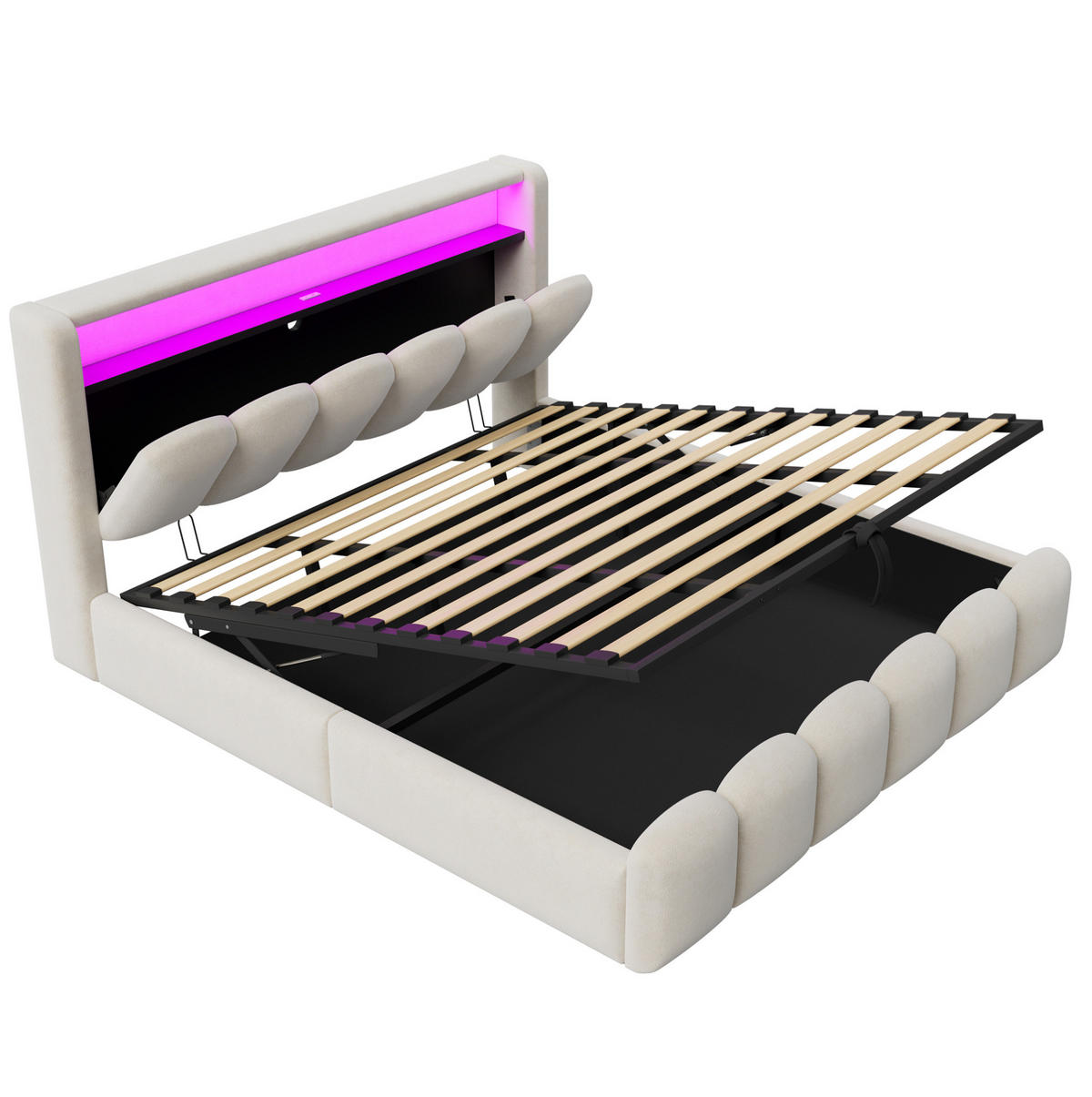 POLSTERBETT 180/200 cm aus Samt mit LED, USB-, Typ-C-Anschluss und hydraulischem Bettkasten, Beige - Beige, Textil (180/200cm) - Redom