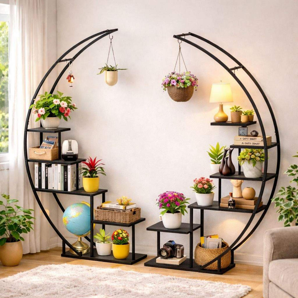 DANDIBO Blumenregal indoor 170 cm Hoch Metall Schwarz Rund 96586 Blumentreppe Groß Halbrund Pflanzenständer Modern Design - Schwarz, Metall (190/170/30cm) - DanDiBo