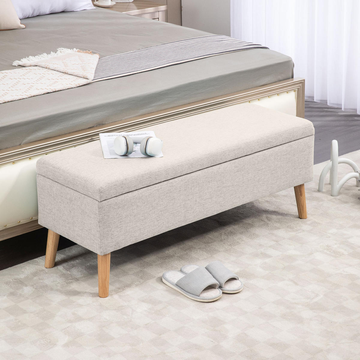 SITZBANK Polsterbank mit Stauraum scandinavia Truhenbank Polyester Holz Beige - Beige, Kunststoff (39/45/110cm) - HOMCOM