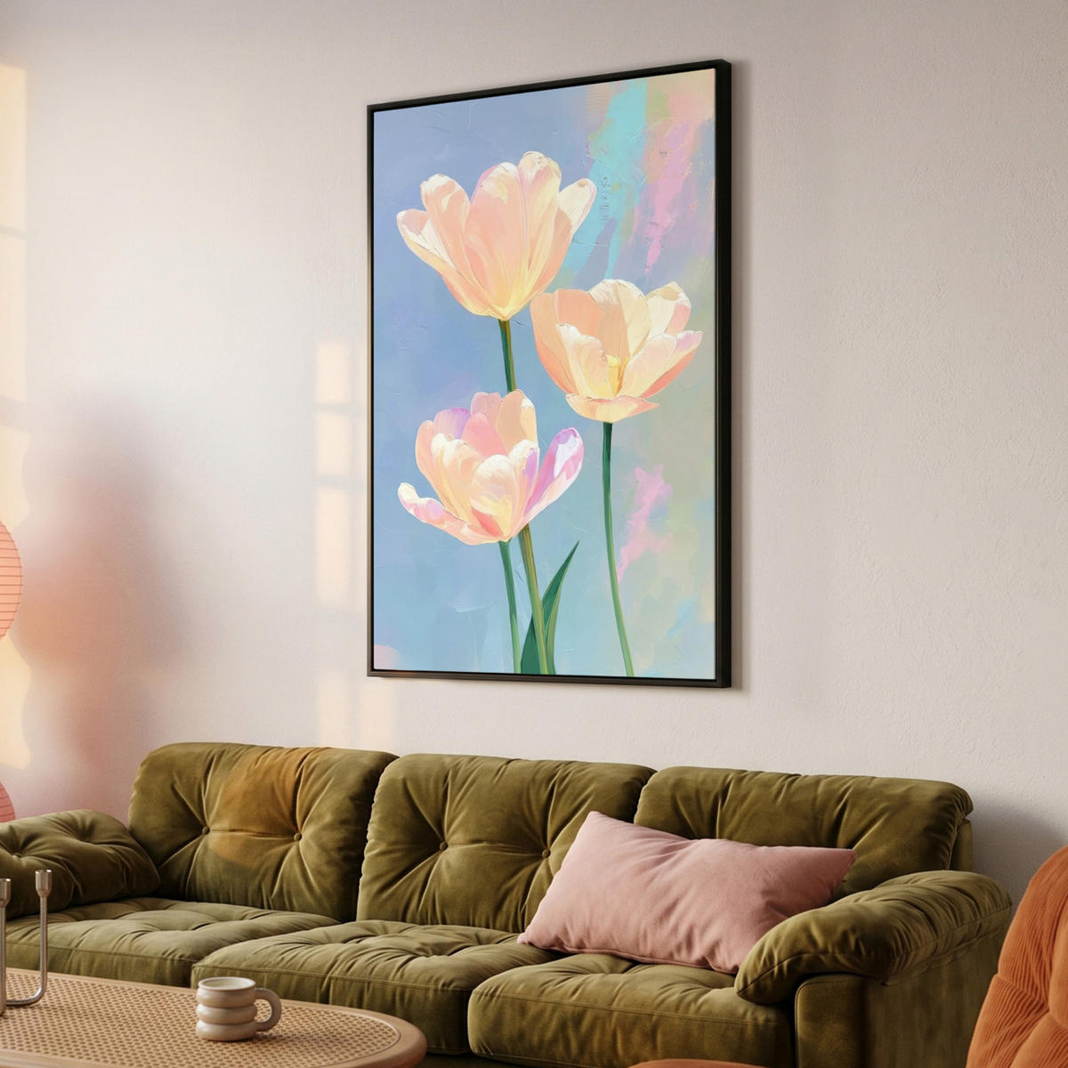 LEINWAND Bilder mit Rahmen - Tulpen - Rosa Akzente - Blau - 80x120 - Pastellblau, Textil (80/120cm) - MuchoWow
