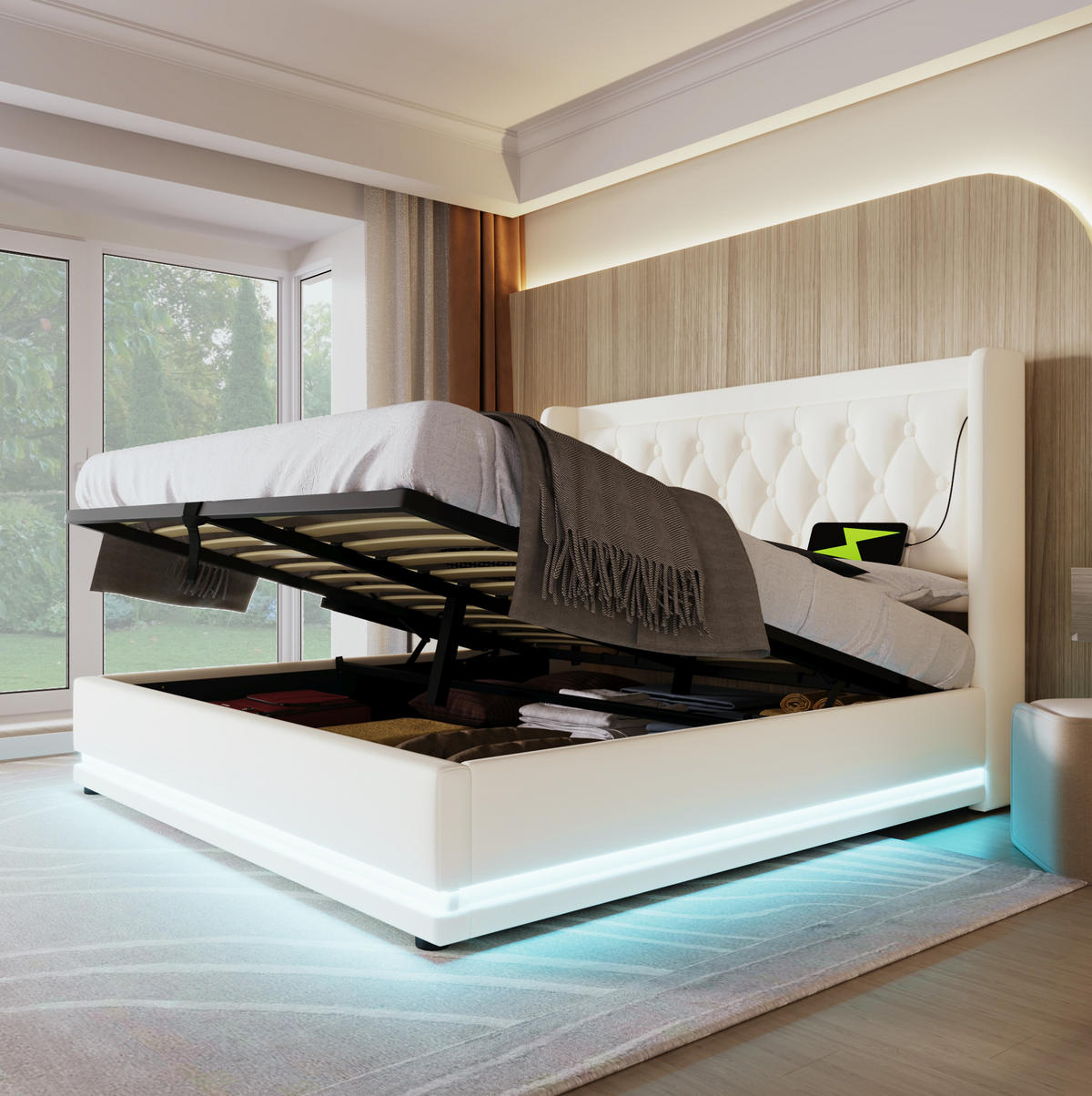 BETT mit Bettkasten USB & LED 180x200 cm PU Weiß - Weiß, Metall (180/200cm) - Meubliv