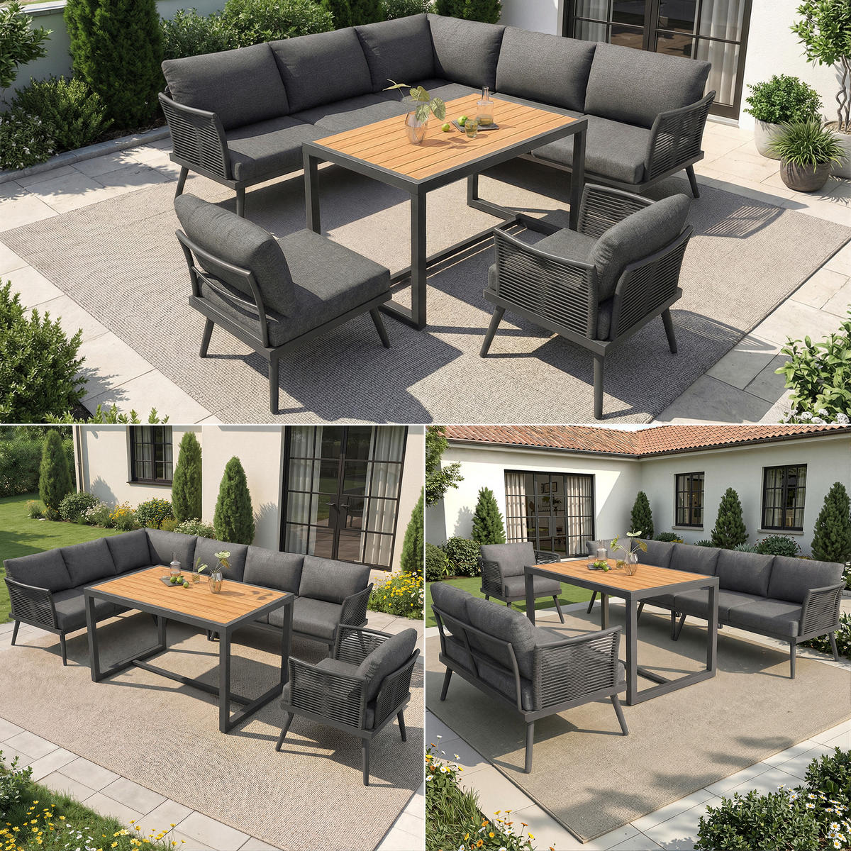GARTENSET L-Form 7 Personen Grau Inkl. Tisch & Sessel Mit Polstern - Grau, Metall - FLIEKS