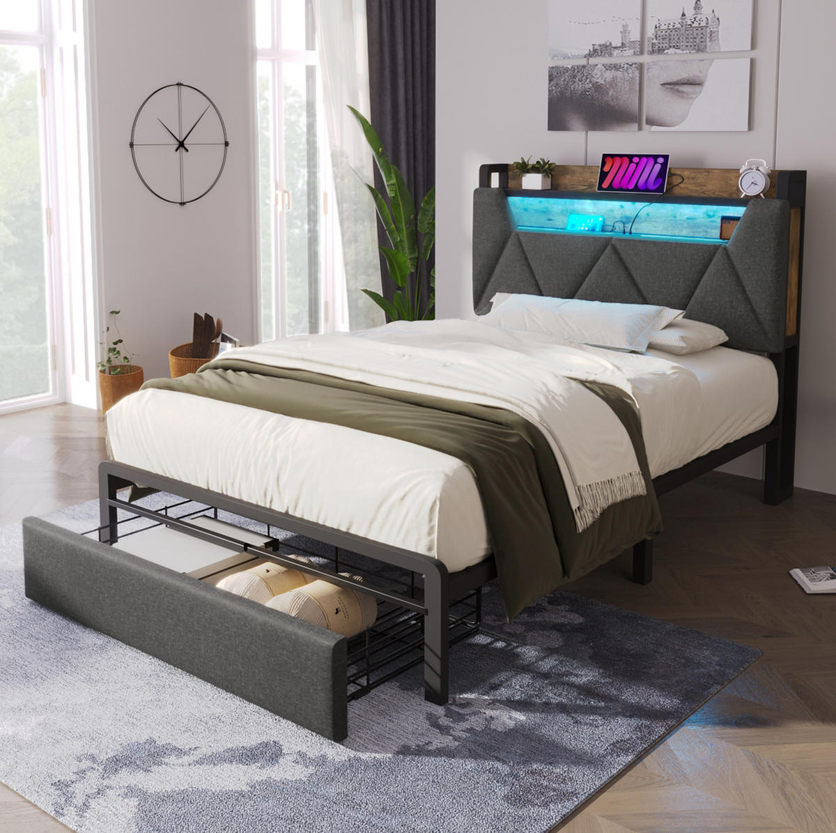 ČALOUNĚNÁ postel 90/200 cm šedá z lnu s LED osvětlením, úložným čelem a USB - šedá, textil (90/200cm) - OKWISH
