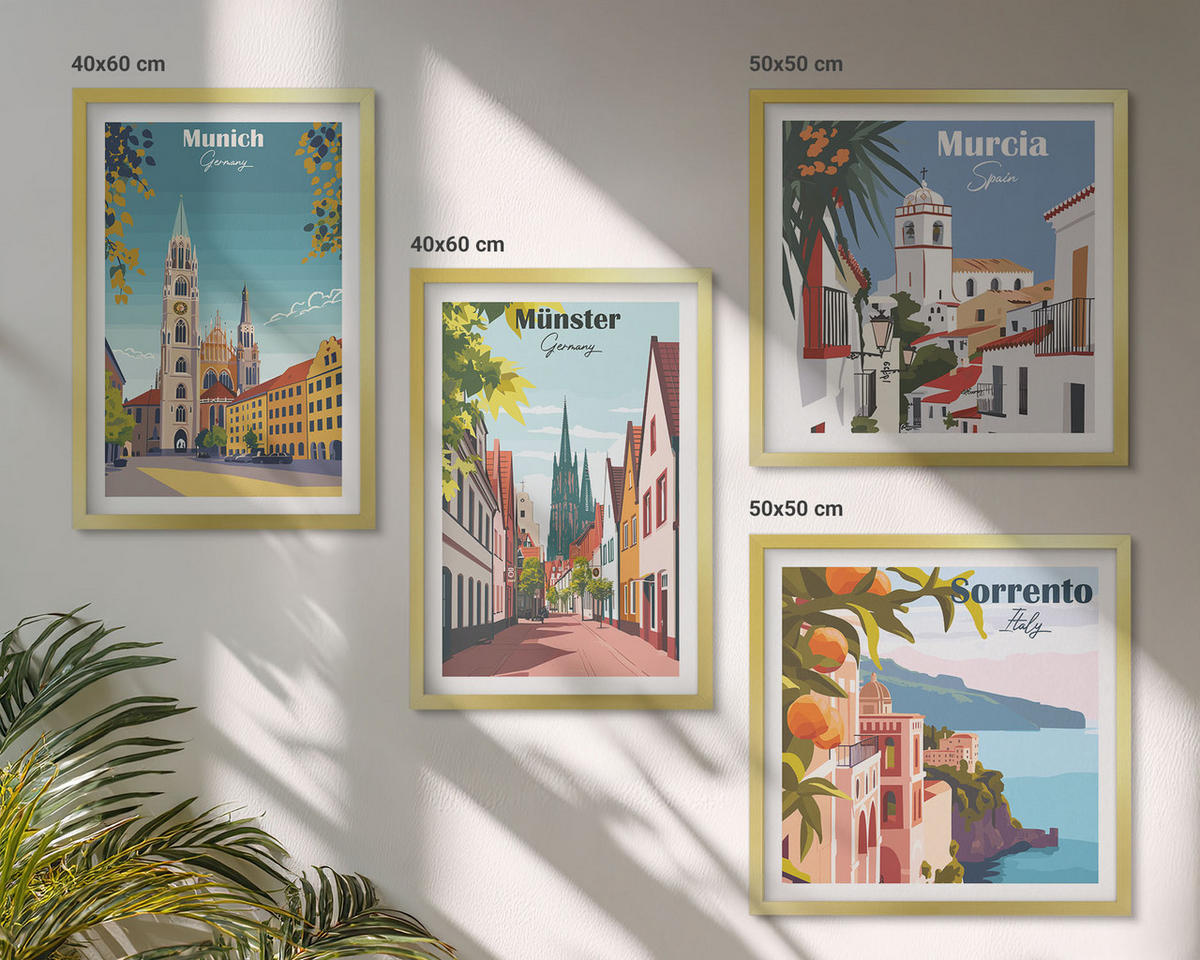 BILDER SET 4er Set - 50x50 cm & 40x60 cm Goldrahmen - Europäische Städte in farbigen Illustrationen - Goldfarben, Kunststoff (50/50cm) - TULUP