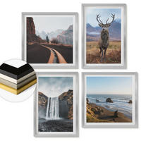 WANDBILDER 4er Set - 50x50 cm & 40x60 cm Silberner Rahmen - Berglandschaften, Wasserfälle, Hirsche, Strände - Silberfarben, Kunststoff (50/50cm) - ArtPrintCave