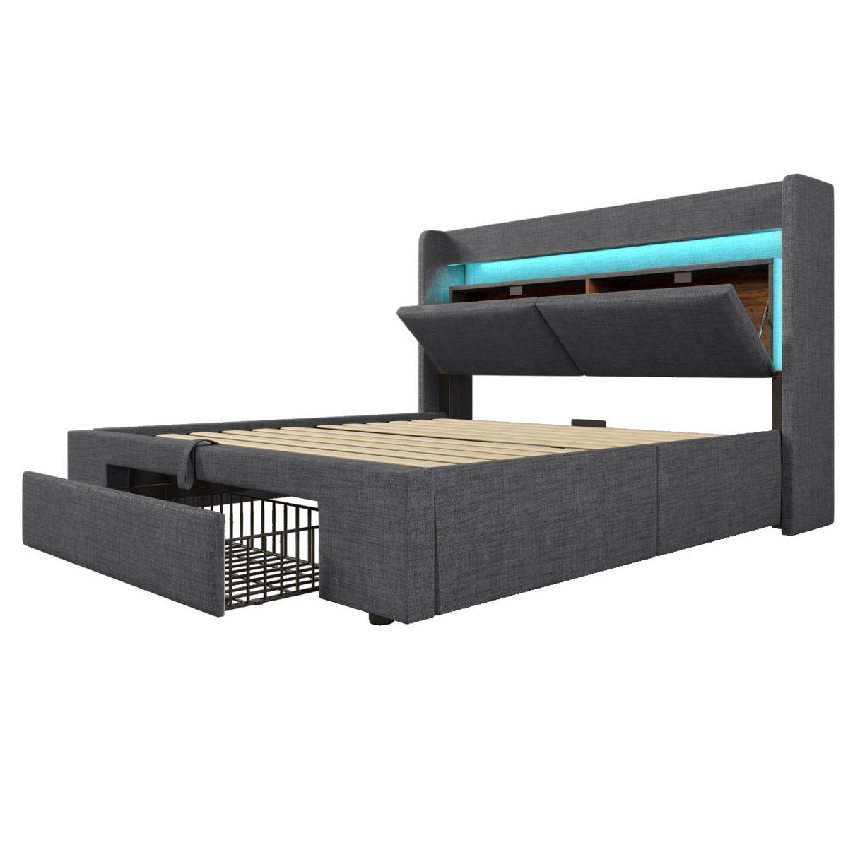 POLSTERBETT 160/200 cm Grau aus Leinen mit Stauraum - Grau, Textil (160/200cm) - OKMYHOME