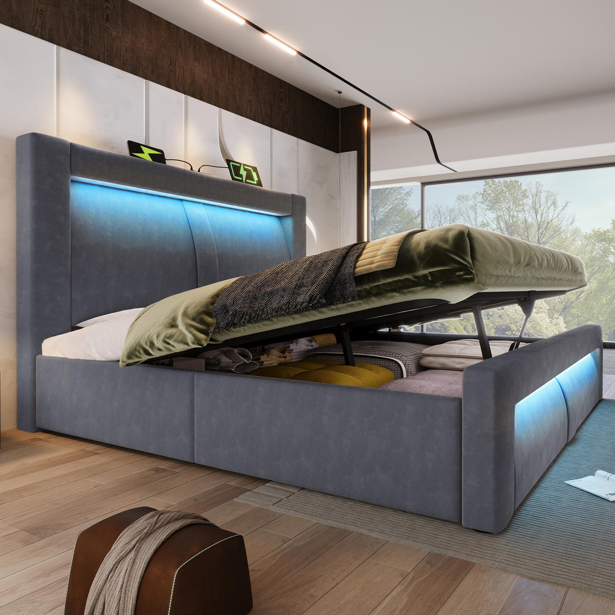 POLSTERBETT aus Samt 160x200 cm in Grau mit LED-Beleuchtung & Matratze - Grau, Textil (160/200cm) - Modfu