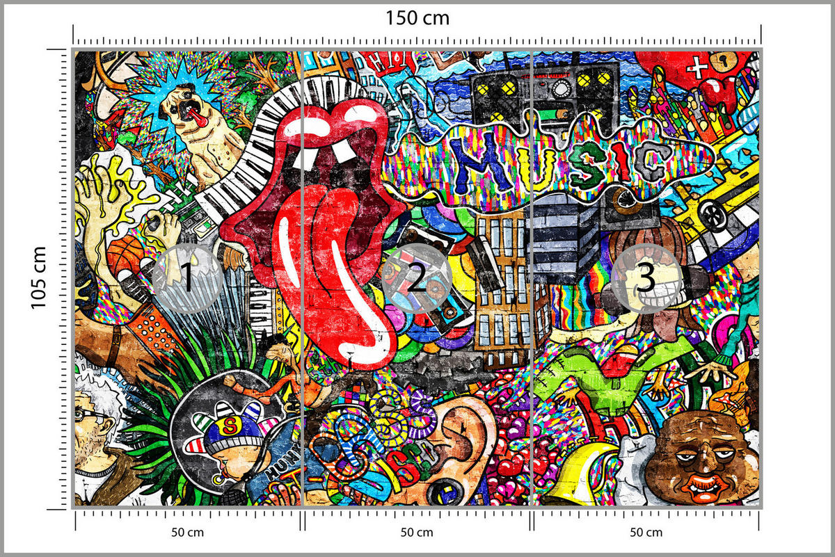 FOTOTAPETE für Jugendzimmer GRAFFITI Musik Abstrakt Farben 150x105 - Blau/Gelb, Papier (150/105cm) - Muralo