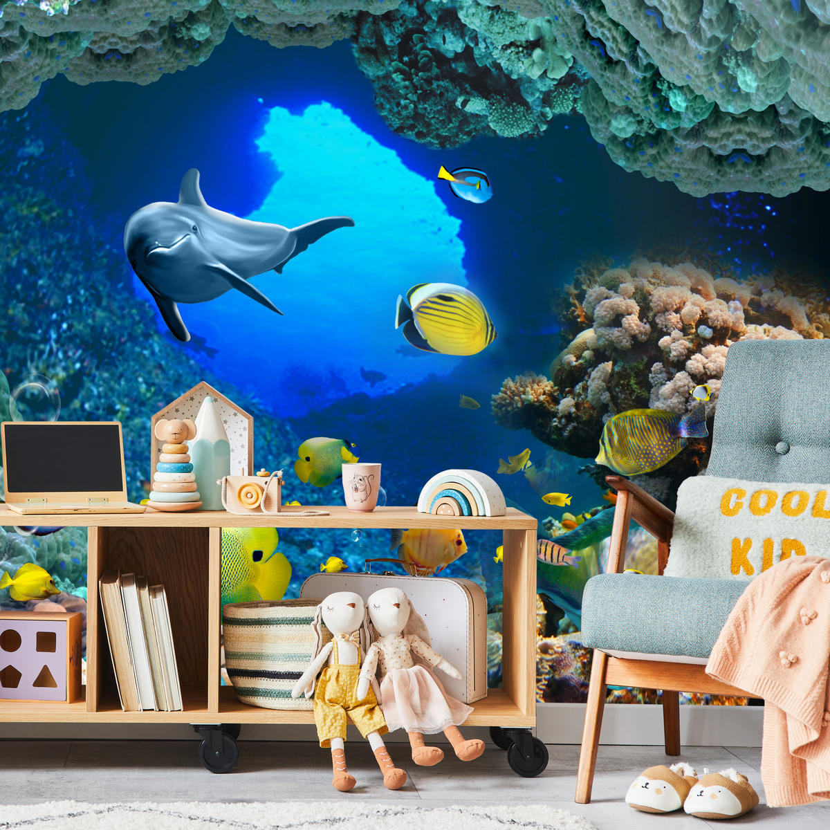 FOTOTAPETE für Badezimmer Unterwasser Korallenriffe Fische 250x175 - Türkis/Blau, Papier (250/175cm) - Muralo