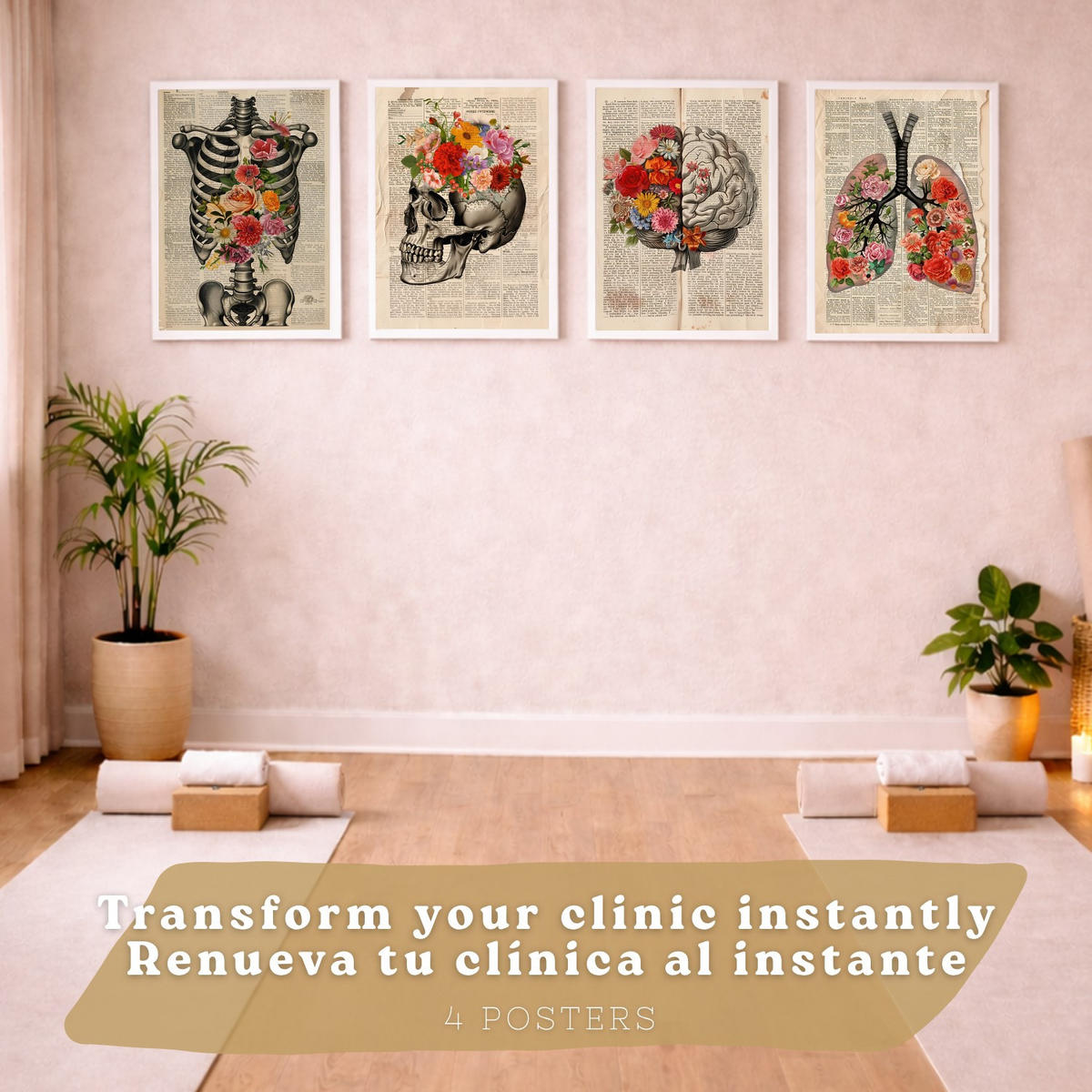 POSTER Set aus 4 Vintage Anatomie und Wandbilder mit Rippen Wirbelsäule Lungen Luftröhre Bronchien Gehirn und Schädel Größe Weißer Rahmen A4 - Weiß, Papier (21/29.7/3cm) - Nacnic
