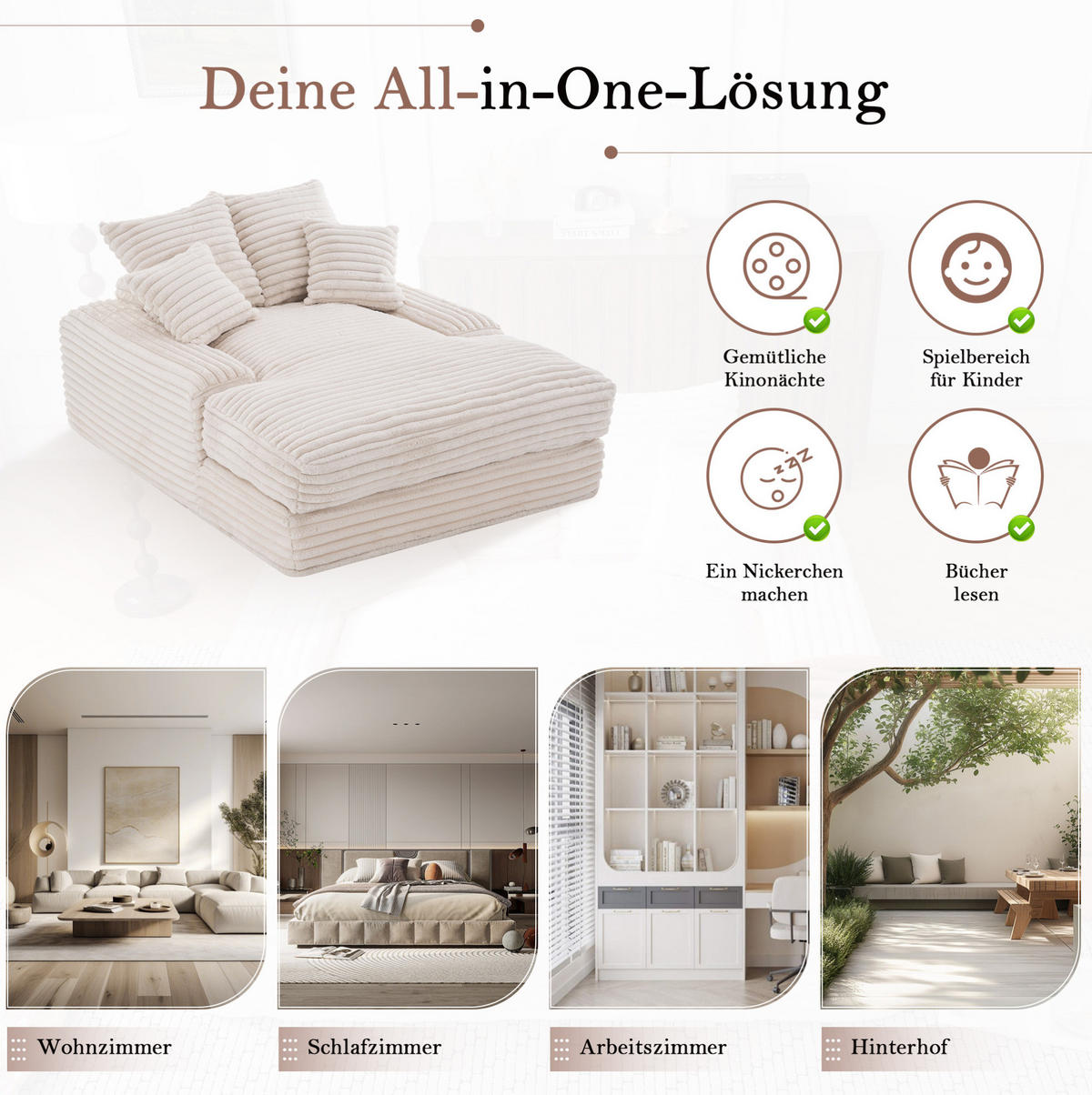 SCHLAFSOFA 137/175 cm in Beige – ohne Montage, mit Cordbezug und 4 Kissen - Beige, Textil (137/63/175cm) - BEAOK