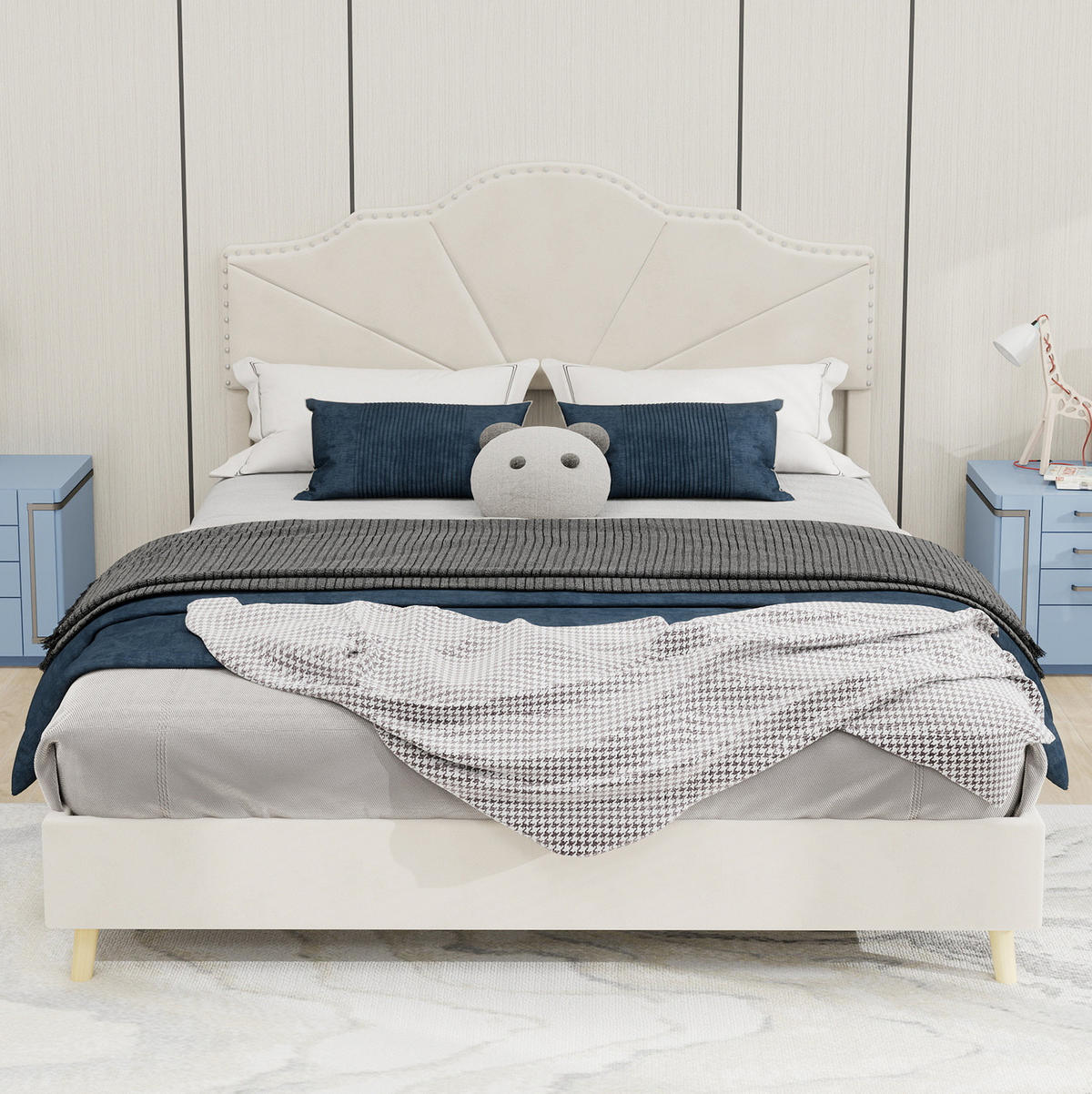 POSTEL 140/200 cm béžová z látky a kovu s geometrickým čelem a lamelovým roštem - béžová, textil (140/200cm) - OKWISH